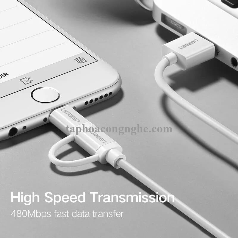 Ugreen 20875 0.5M màu Trắng Cáp sạc đa năng USB sang MicroUSB + Lightning US178 30020875